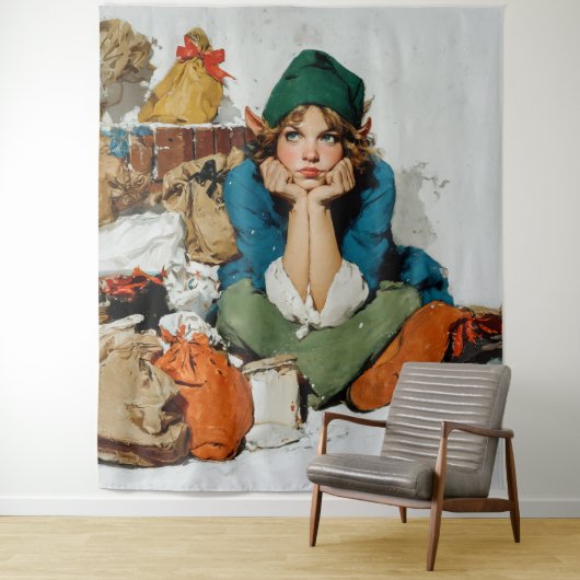 Fantasie-elf tussen cadeautasjes wandkleed (In situ)