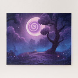 Fantasie gloeiende maan over betoverd pad legpuzzel