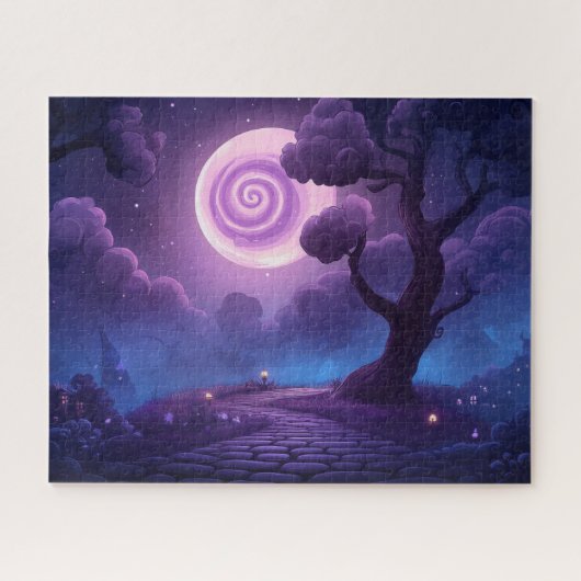 Fantasie gloeiende maan over betoverd pad legpuzzel (Horizontaal)