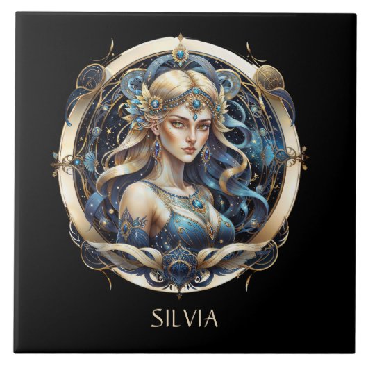 Fantasie Goud Blauw Hemelse Dierenriem Zonneteken  Tegeltje (Voorkant)