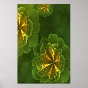 Fantasie Groene Gele Fractale Bloemen Poster