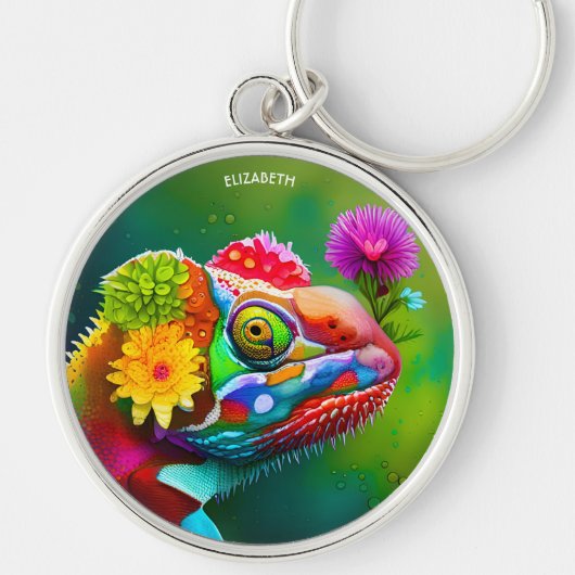 Fantasie Kleurrijke Panter Kameleon met bloemen Sleutelhanger (Voorkant)