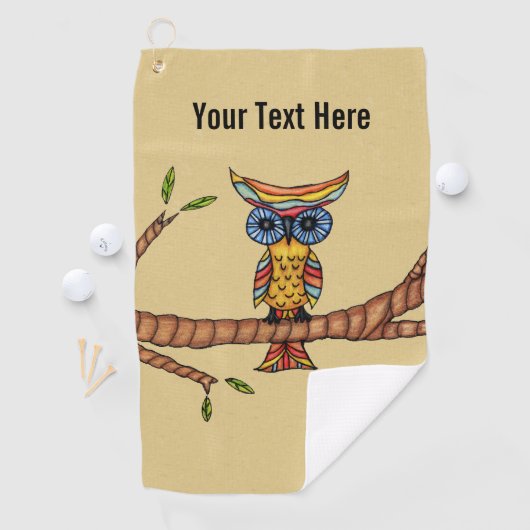 Fantasie Kleurrijke Uil Grote Blauwe Ogen op Tak B Golfhanddoek (Insitu)