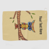 Fantasie Kleurrijke Uil Grote Blauwe Ogen op Tak B Golfhanddoek (Horizontaal)