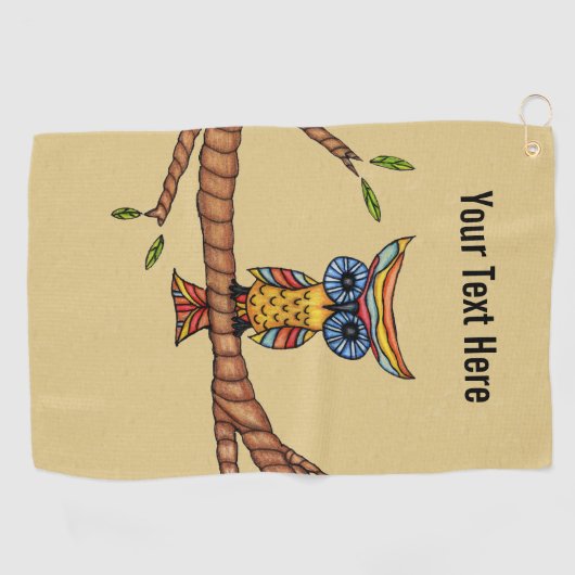 Fantasie Kleurrijke Uil Grote Blauwe Ogen op Tak B Golfhanddoek (Horizontaal)