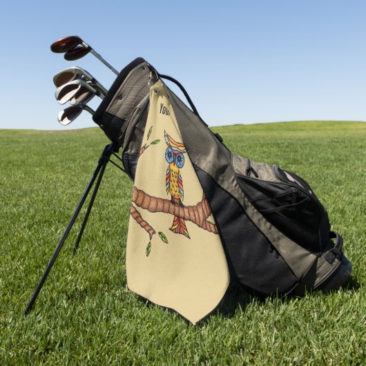 Fantasie Kleurrijke Uil Grote Blauwe Ogen op Tak B Golfhanddoek (Groen)