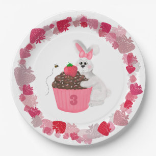 Fantasie Konijn & Aardbei Cupcake Verjaardag Papieren Bordje
