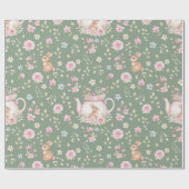 Fantasie Konijn Theekan Lente Bloemmotief Cadeaupapier (Vlak)