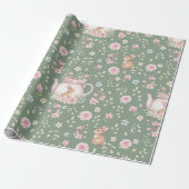 Fantasie Konijn Theekan Lente Bloemmotief Cadeaupapier (Uitgerold)