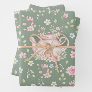 Fantasie Konijn Theepot Lente Bloemmotief Inpakpapier Vel