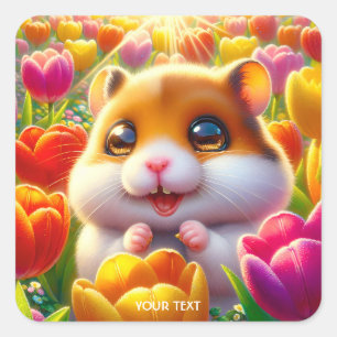Fantasie Leuke Gelukkige Hamster Tulpen Vierkante Sticker