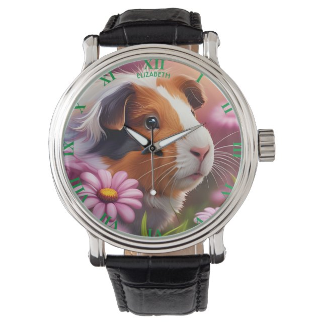 Fantasie Leuke Guinee Varken Bloemen Horloge (Voorkant)