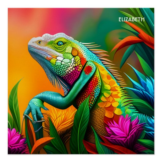 Fantasie Leuke Iguana Art Deco Stijl Perfect Poster (Voorkant)