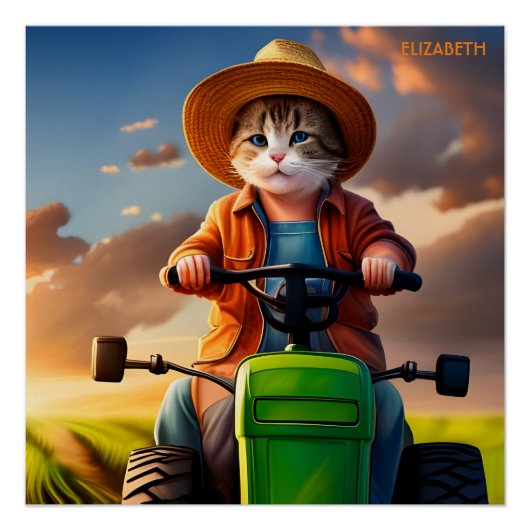 Fantasie Leuke Kat Rijden Tractor Perfect Poster (Voorkant)