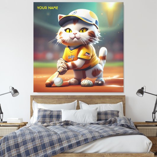 Fantasie Leuke Kat Softbal Uniform Canvas Afdruk (Insitu (Slaapkamer))