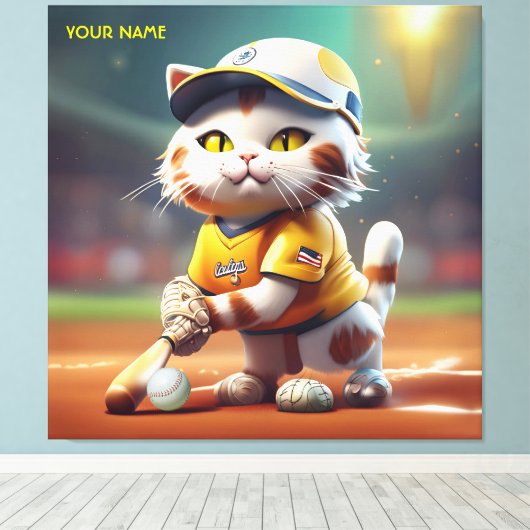 Fantasie Leuke Kat Softbal Uniform Canvas Afdruk (Insitu (Houten vloer))