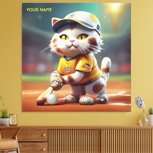 Fantasie Leuke Kat Softbal Uniform Canvas Afdruk (Insitu (Woonkamer))
