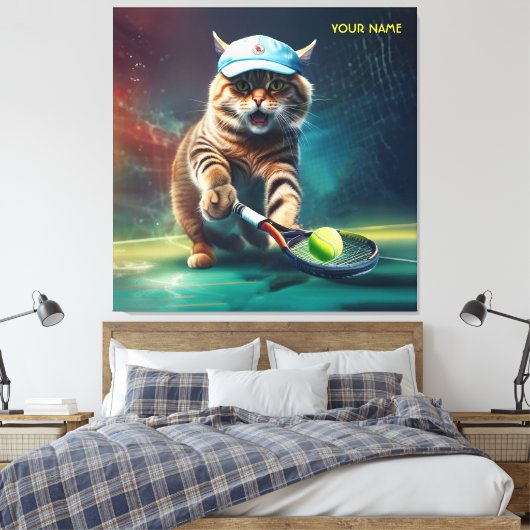 Fantasie Leuke Kat Spelen Tennis Canvas Afdruk (Insitu (Slaapkamer))