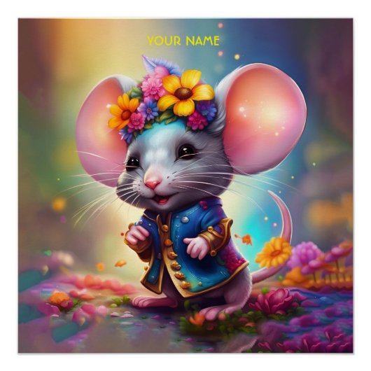 Fantasie Leuke Muis Met Bloem Perfect Poster (Voorkant)