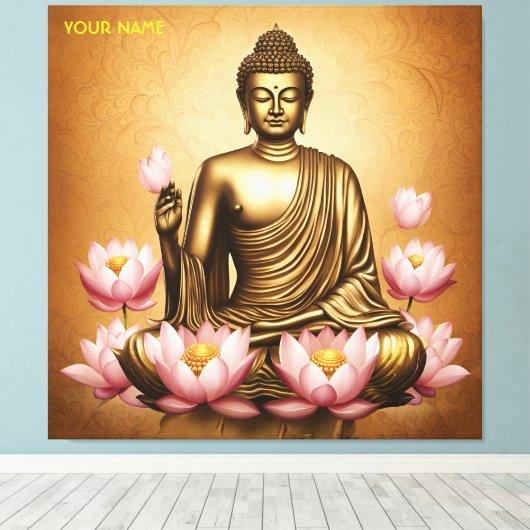 Fantasie Leuke Zittende Boeddha Bloemen Canvas Afdruk (Insitu (Houten vloer))