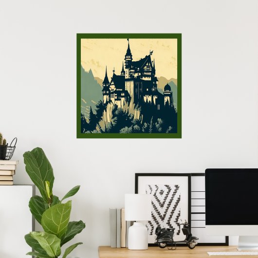 Fantasie middeleeuws kasteel - houtsnede 1 poster (Thuiskantoor)