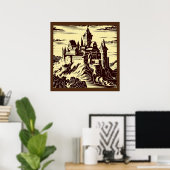 Fantasie middeleeuws kasteel - houtsnede 2 poster (Thuiskantoor)