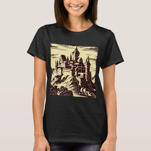 Fantasie middeleeuws kasteel - houtsnede 2 t-shirt (Voorkant)