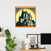 Fantasie middeleeuws kasteel - houtsnede 3 poster (Thuiskantoor)