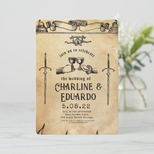 Fantasie Middeleeuwse graveerkunst Huwelijksuitnod Kaart (Staand voorkant)