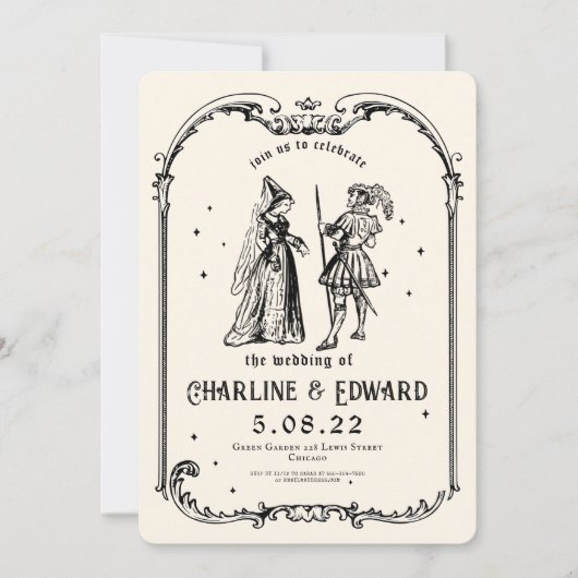 Fantasie Middeleeuwse graveerkunst Huwelijksuitnod Kaart (Voorkant)