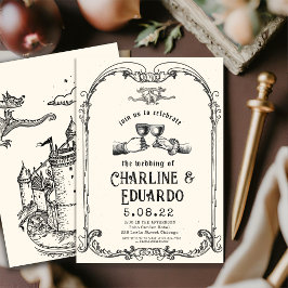 Fantasie Middeleeuwse graveerkunst Huwelijksuitnod Kaart