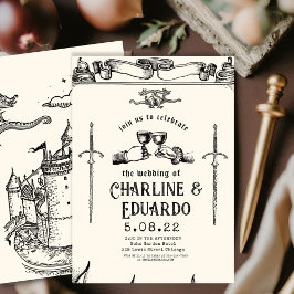 Fantasie Middeleeuwse graveerkunst Huwelijksuitnod Kaart