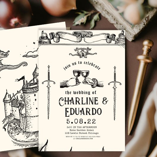 Fantasie Middeleeuwse graveerkunst Huwelijksuitnod Kaart