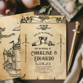 Fantasie Middeleeuwse graveerkunst Huwelijksuitnod Kaart