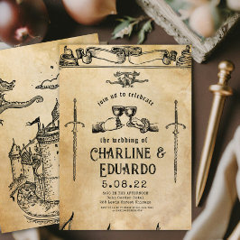 Fantasie Middeleeuwse graveerkunst Huwelijksuitnod Kaart