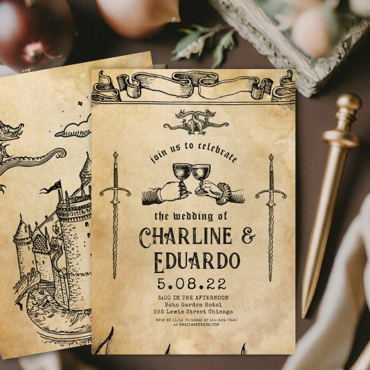 Fantasie Middeleeuwse graveerkunst Huwelijksuitnod Kaart