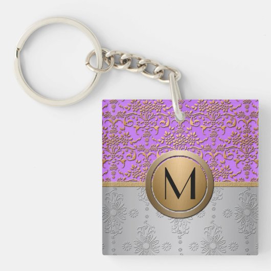 Fantasie monogram ontwerp periwinkle paars goud sleutelhanger (voorkant)