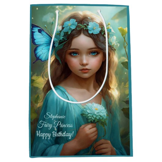 Fantasie mooi cyaan groen fee meisje medium cadeauzakje (Voorkant)