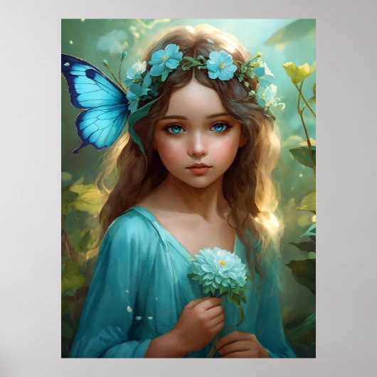 Fantasie mooi cyaan groen fee meisje poster (Voorkant)
