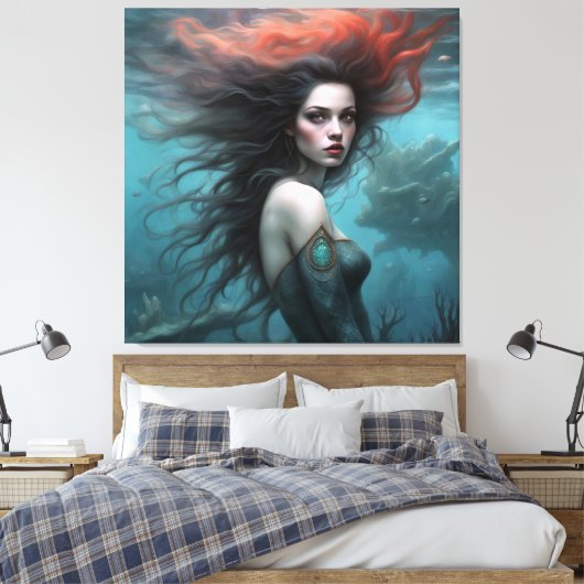 Fantasie Mooi Rood Haar Zeemeermin Prinses Canvas Afdruk (Insitu (Slaapkamer))