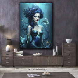 Fantasie Mooie Zeemeermin Prinses Blauw Onderwater Canvas Afdruk