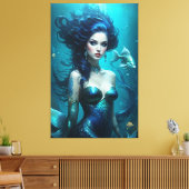 Fantasie Mooie Zeemeermin Prinses Blauw Onderwater Canvas Afdruk (Insitu (Woonkamer))