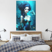 Fantasie Mooie Zeemeermin Prinses Blauw Onderwater Canvas Afdruk (Insitu (Slaapkamer))