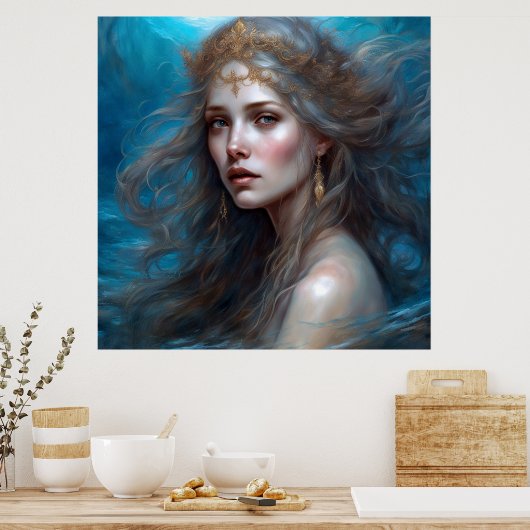 Fantasie Mooie Zeemeermin Prinses Blauw Poster (Keuken)