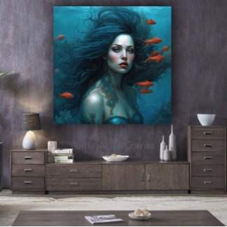 Fantasie Mooie Zeemeermin Prinses Rode Vis Canvas Afdruk