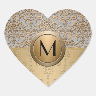 Fantasie Nagemaakt Goud en Zilver Monogram Damast Hart Sticker