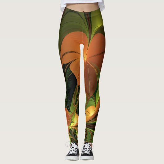 Fantasie Plant Abstract Groen Roest Bruin Fractal Leggings (Voorkant)