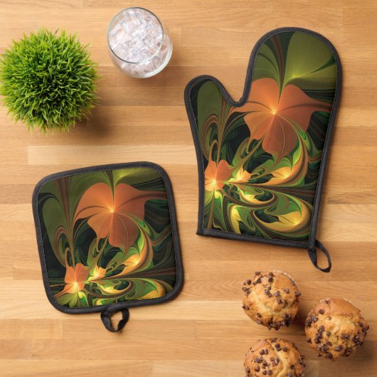 Fantasie Plant Abstract Groen Roest Bruin Fractal Ovenwant & Pannenlap Set (Top down)