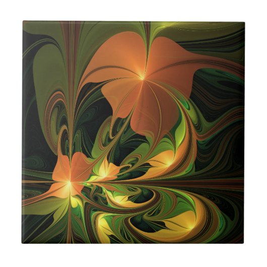 Fantasie Plant Abstract Groen Roest Bruin Fractal Tegeltje (Voorkant)