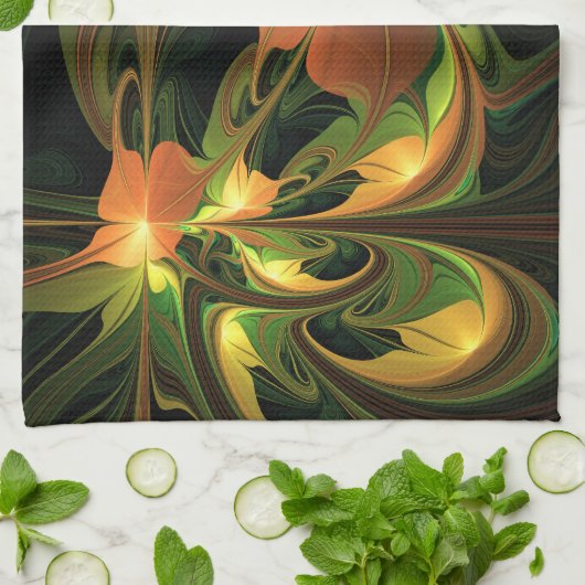 Fantasie Plant Abstract Groen Roest Bruin Fractal Theedoek (Gevouwen)